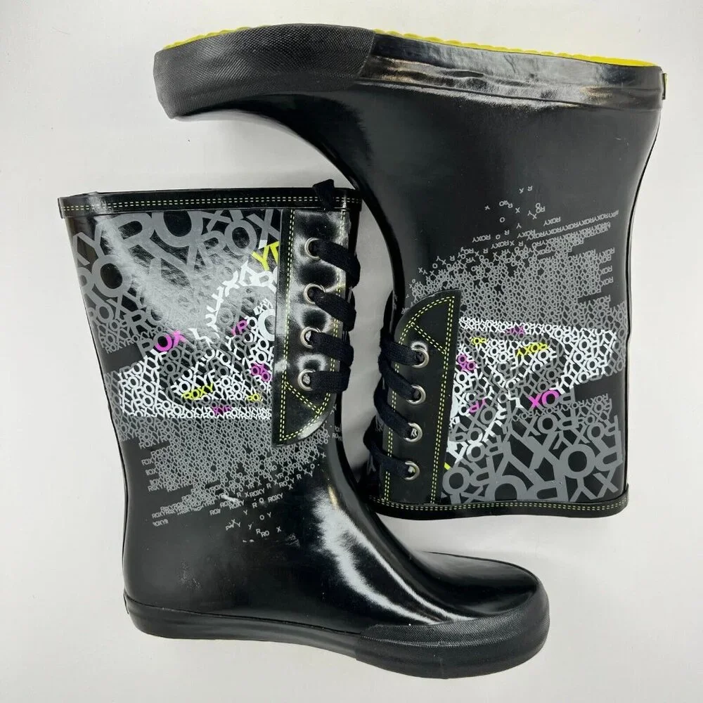 Roxy Womens Drizzle Black Lace Up Rubber Mid Calf Slip On Size 7 Rain Boots